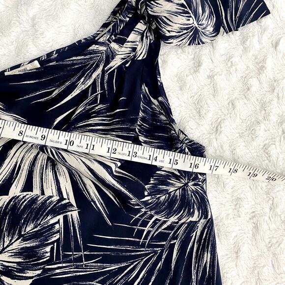 Shoshanna Carmona Navy Leaf Jacqueline Silk One Shoulder Tropical Top XS - Picture 8 of 8
